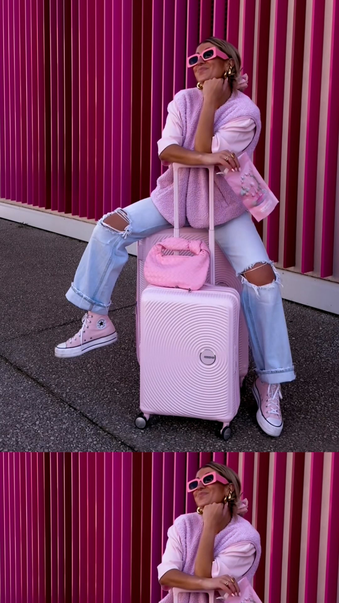 Instagram post by @sarahtey_ for American Tourister. Caption reads: 🌺🐚🦋🍋 What is your next trip for the summer....