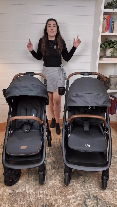 Instagram post by @the_stroller_mom for Joie Baby Gear. Caption reads: Joie Caraway Whirl vs Joie Poppy Whirl stroller....