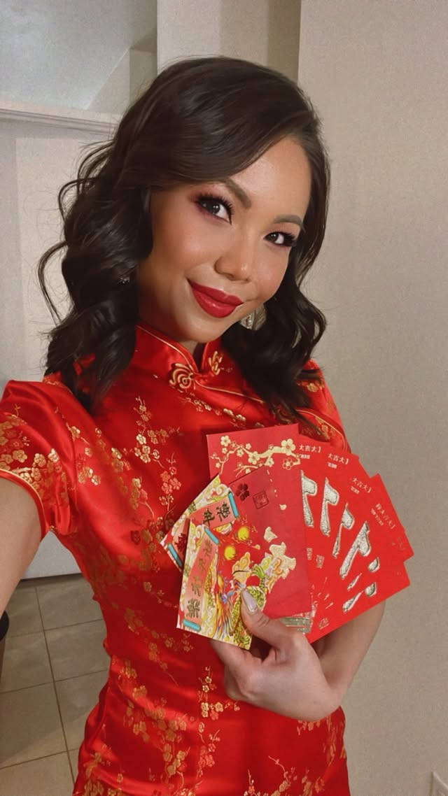 Instagram post by @x3jessli for Beth and Brian Qipao. Caption reads: [...] members? 🧧 Lmk below! Dress:....