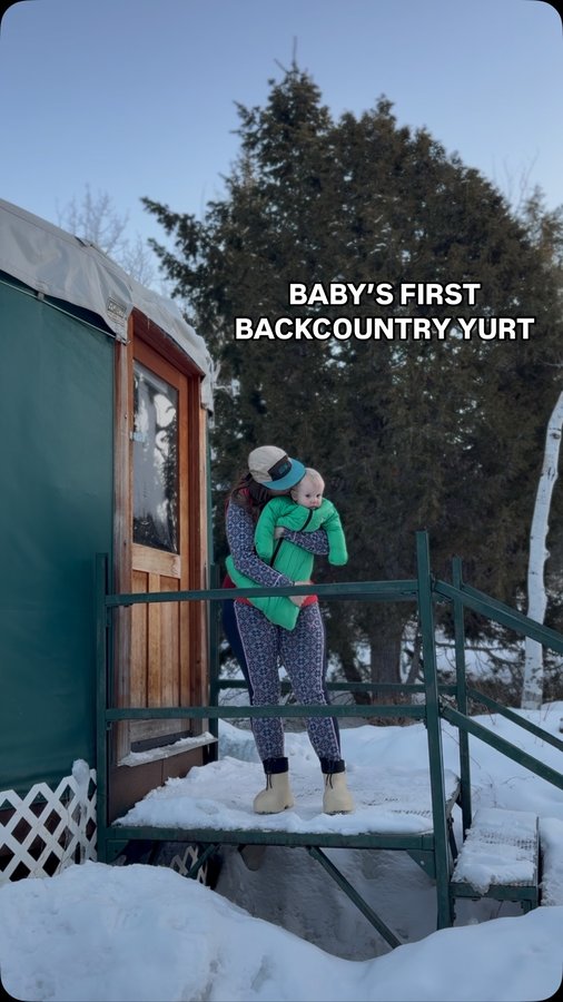 Instagram post by @backcountry.mom for Patagonia. Caption reads: Baby’s first time at a winter backcountry yurt.....