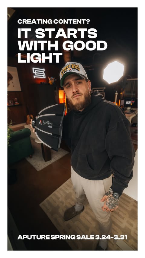 Instagram post by @currentspaces for Aputure. Caption reads: [...] lighting. The STORM 80c by @aputure.lighting....