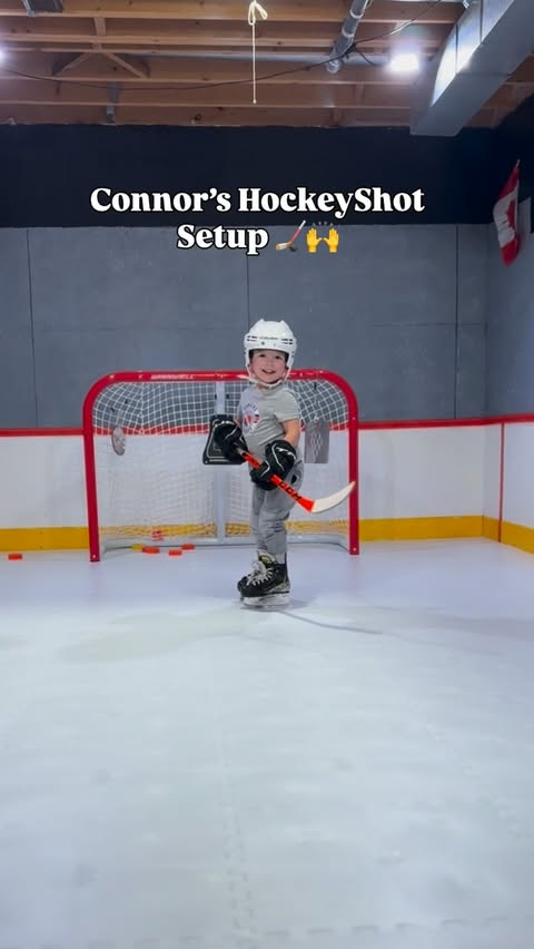 Instagram post by @connormacdangles for HockeyShot. Caption reads: Connor’s @hockeyshotstore setup - makes practice....