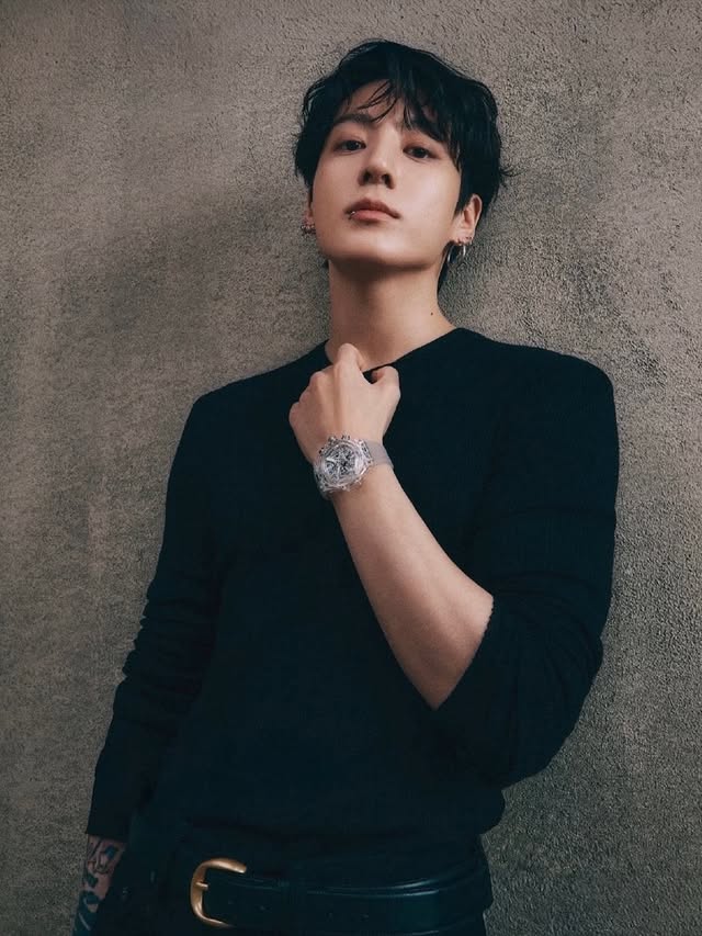 Instagram post by @jeon_jungkookx7 for Hublot. Caption reads: New Jungkook x Hublot photo (via L’Officiel Hommes....