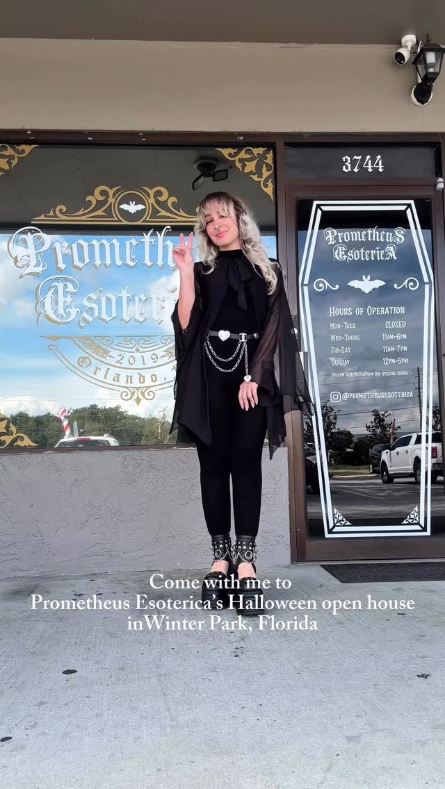Instagram post by @marsinks for Demonia Shoes. Caption reads: Halloween open house at @prometheusesoterica....