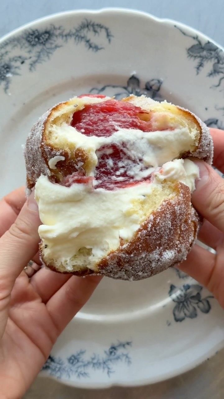 Instagram post by @nea_arentzen for Food52. Caption reads: @nea_arentzen’s Cardamom Rhubarb Donuts are....