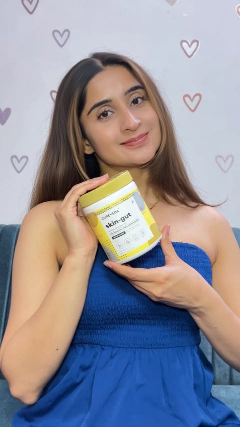 Instagram post by @thesimranwalia for Cureveda Remedies. Caption reads: [...] Skin-Gut with Pre-probiotics.....