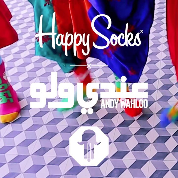 Instagram post by @hassanhajjaj_larache for Happy Socks. Caption reads: [...] brand @andywahloo_apparel and @happysocks....