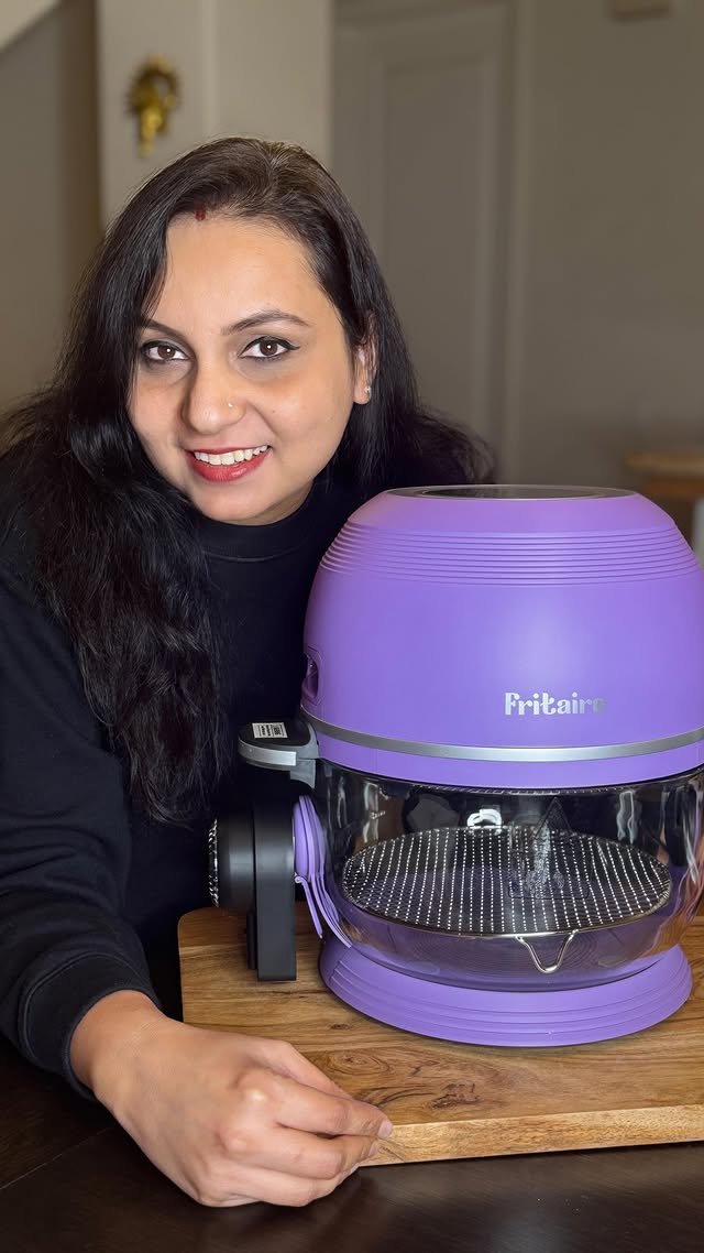 Instagram post by @creativitywithpooh for Fritaire. Caption reads: Cooking made easy with the Fritaire glass air....
