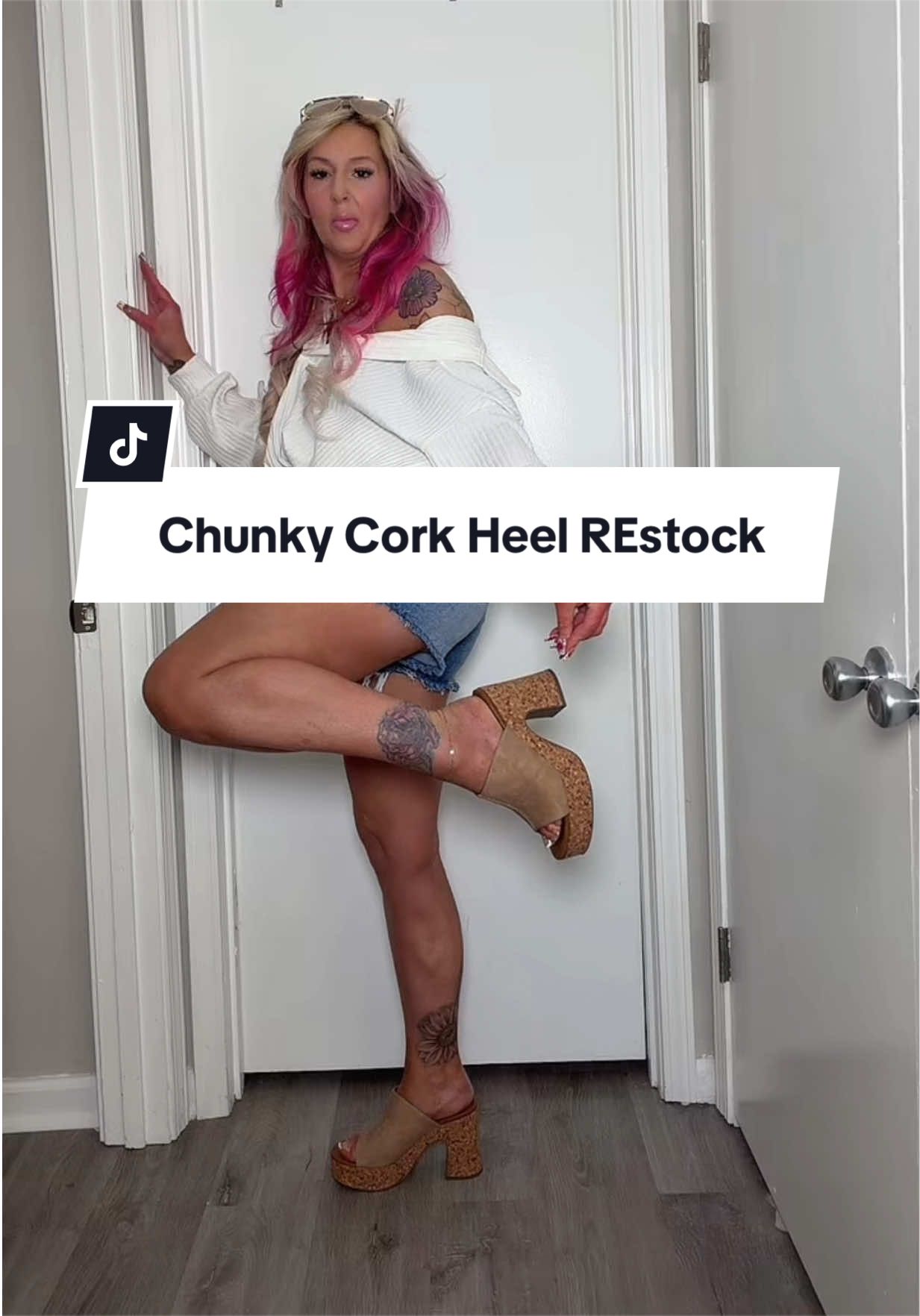 TikTok post by @itshertoni for Freckled Poppy. Caption reads: @Freckled Poppy chunky cork platform heels that....