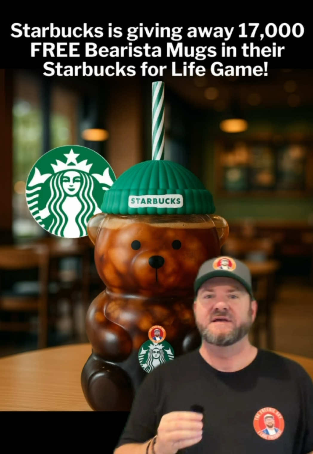 TikTok post by @thefreebieguy for Starbucks. Caption reads: Lets goooo! @Starbucks for life instant win game....