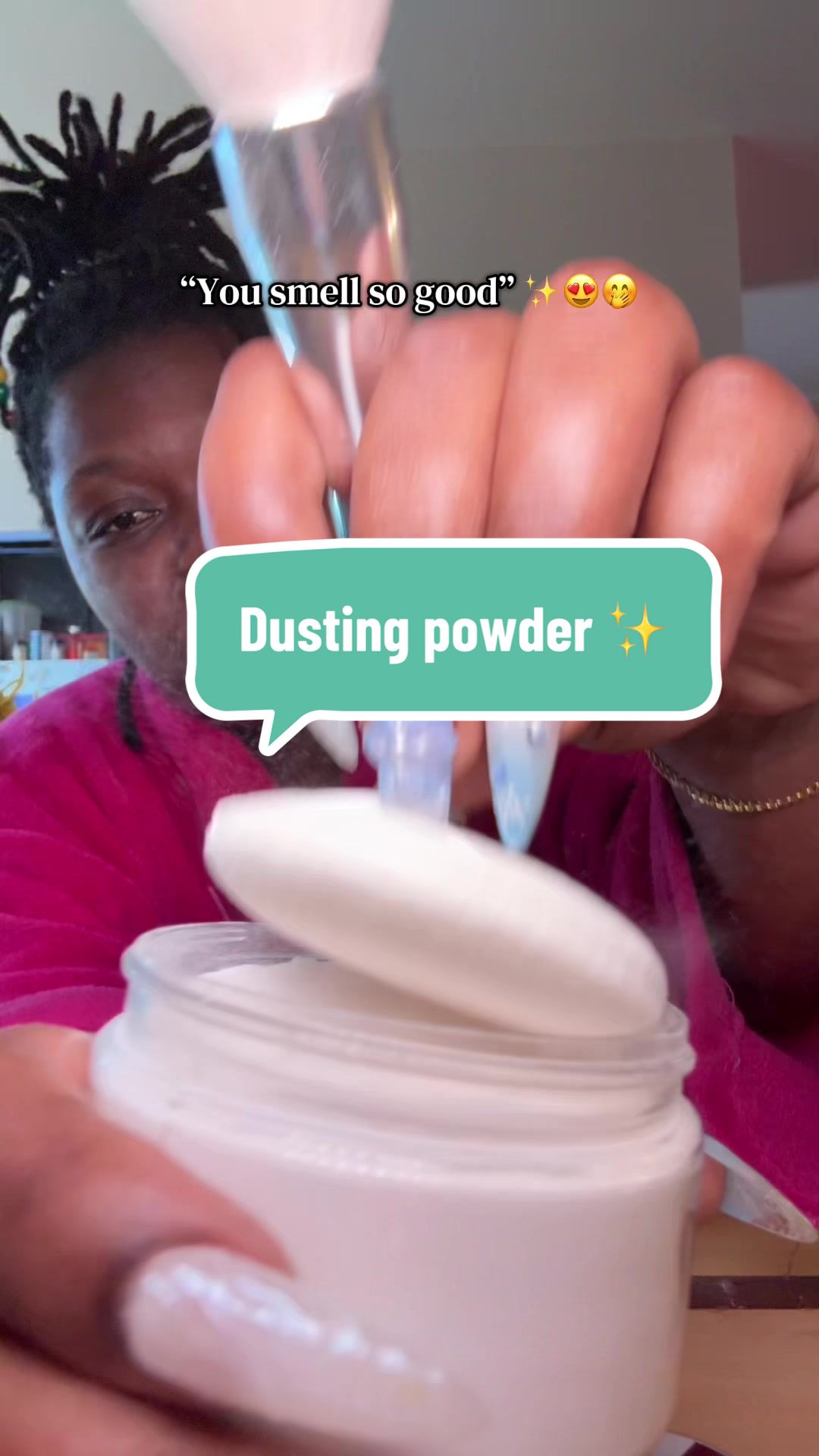 TikTok post by @sunnyreels for JerrBears Company. Caption reads: [...] #hygiene #howtousedustingpowder....