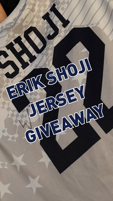 Instagram post by @erikshoji for Mizuno USA. Caption reads: SIGNED ERIK SHOJI MIZUNO JERSEY GIVEAWAY! Enter to....