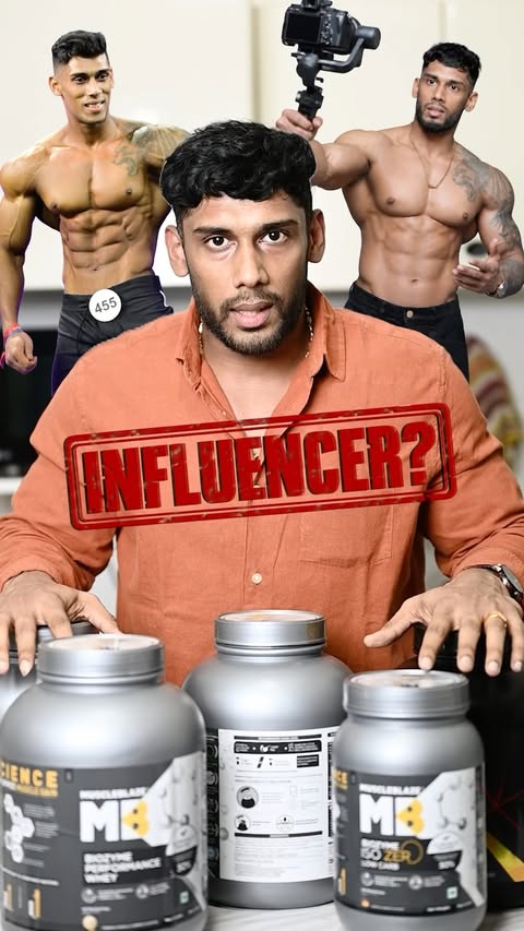 Instagram post by @raja_ajith for MuscleBlaze. Caption reads: Bro, நீங்க recommend பண்றீங்க… நீங்க use....