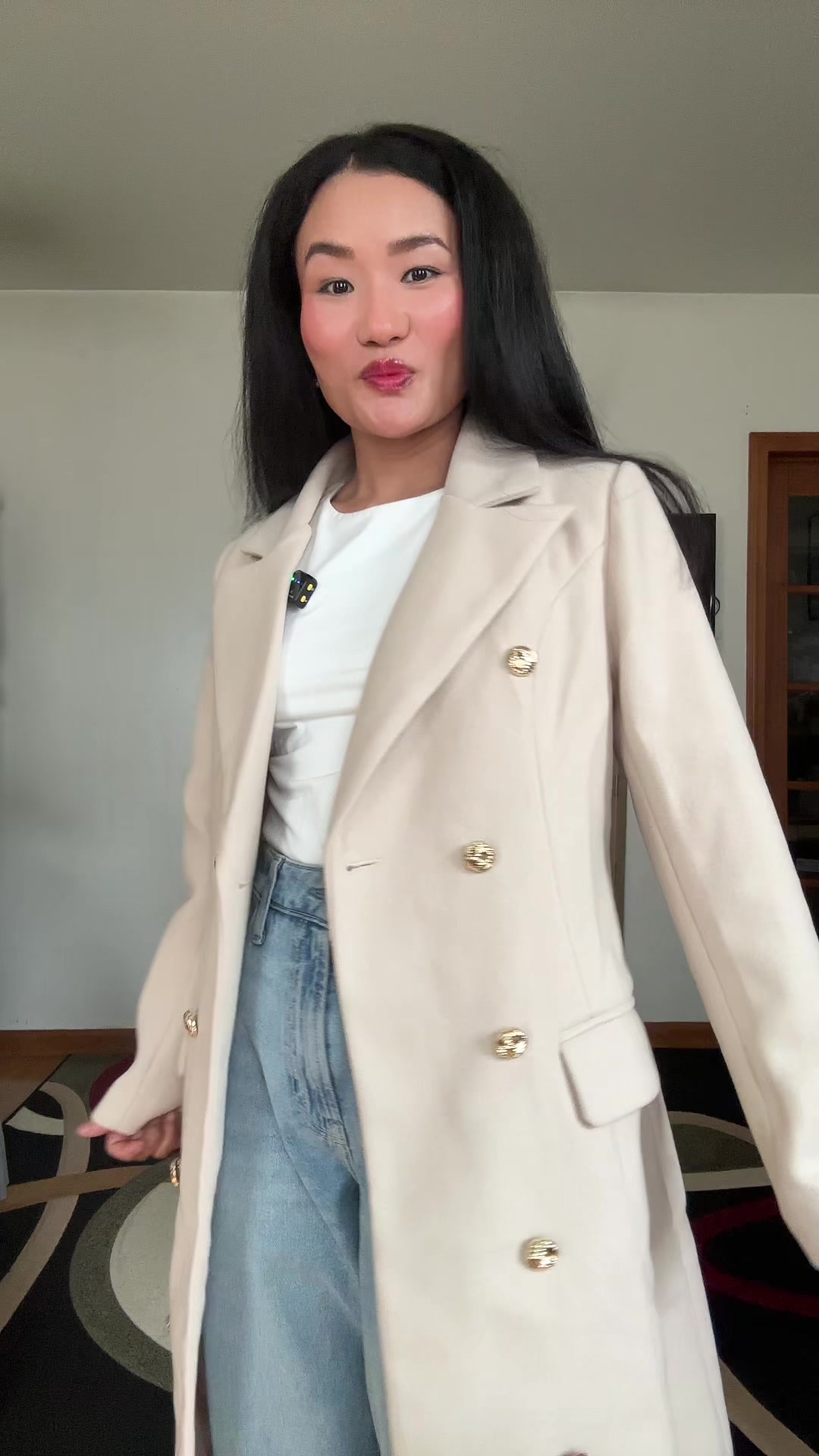 TikTok post by @geetagurung19 for SCUSTY. Caption reads: SCUSTY Women Casual Wool Blend Double Breasted....