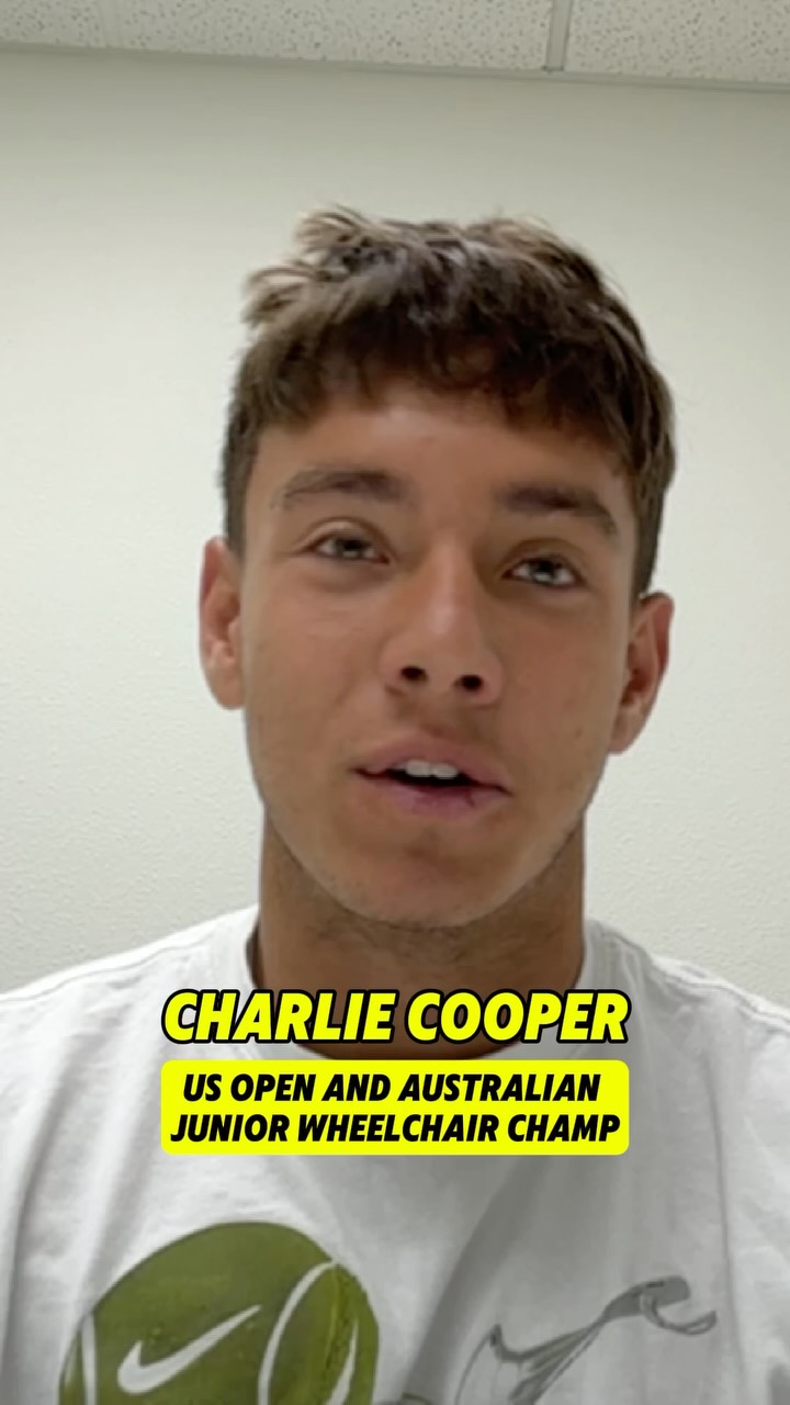 Instagram post by @charliejcoop for Functional Tennis. Caption reads: Going all in - Wheelchair champ @charliejcoop....