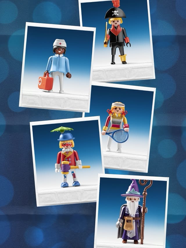 Instagram post by @oliverschaffer for PLAYMOBIL. Caption reads: [...] — 5 Figuren aus 5 Jahrzehnten PLAYMOBIL [5....