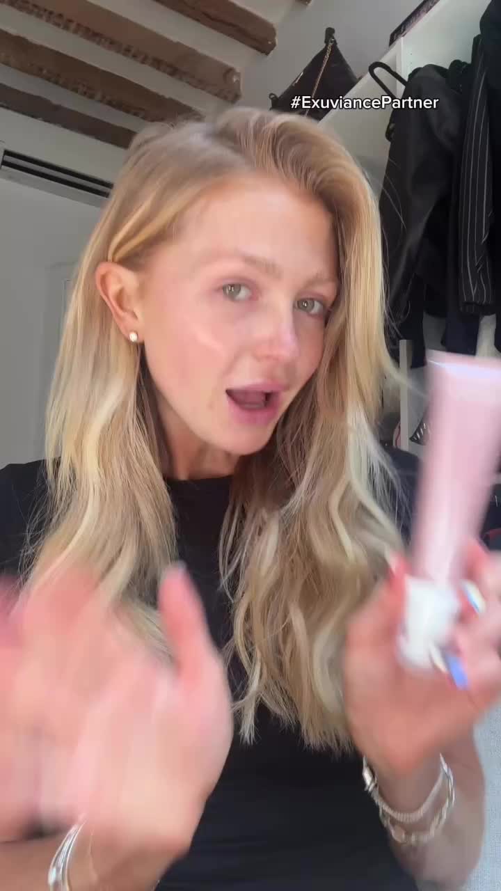 TikTok post by @halleykate for Exuviance. Caption reads: Obsessed with how glowy & bright my skin looks....