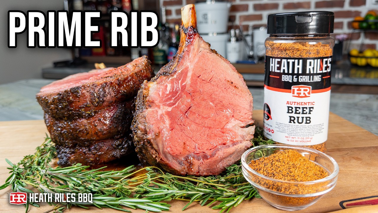 YouTube post by @HeathRilesBBQ for Heath Riles BBQ. Caption reads: Smoked Prime Rib on a Pellet Grill | Heath Riles....
