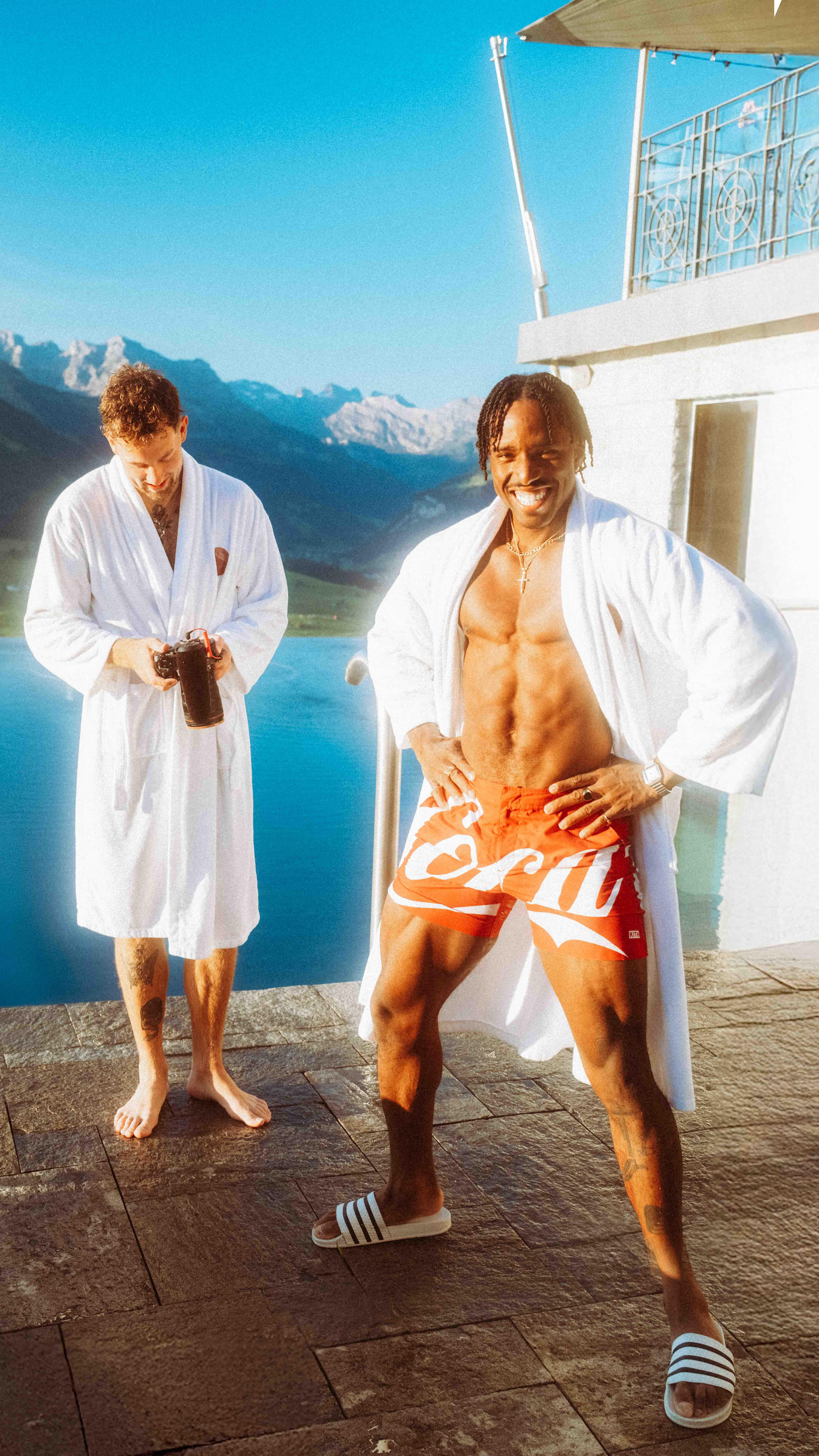 Instagram post by @karl_shakur for Switzerland Tourism. Caption reads: Taking a morning wade in @villahonegg’s infinity....