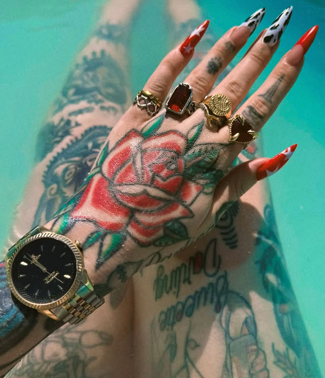 Instagram post by @treacletatts for REGALROSE.com. Caption reads: Red hot summer ❤️‍🔥 Nails by the bestest....
