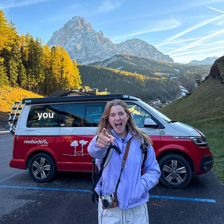 Instagram post by @happyhealthyhols for roadsurfer. Caption reads: you in?!? 🍁🚐⛰️🥾 quite possibly the most perfect....