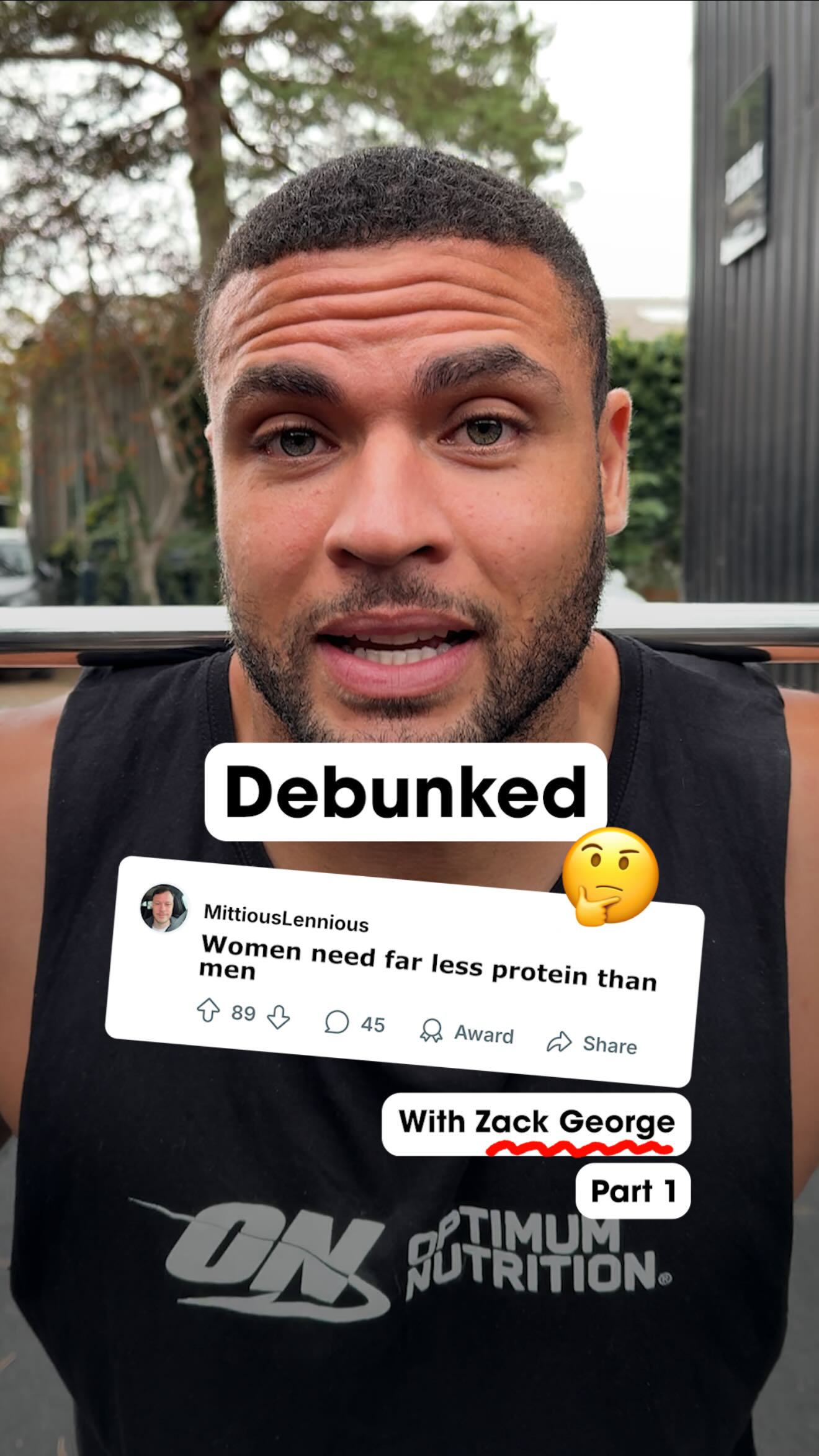 Instagram post by @zackgeorge for Optimum Nutrition. Caption reads: “Women need far less protein than men”... 

We....