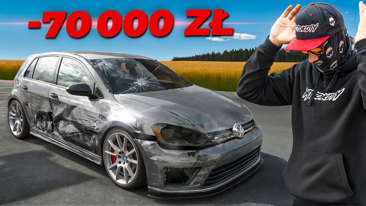 YouTube post by @MotoKoty for carVertical. Caption reads: We rebuilt a wrecked Golf 7 R after tuning.