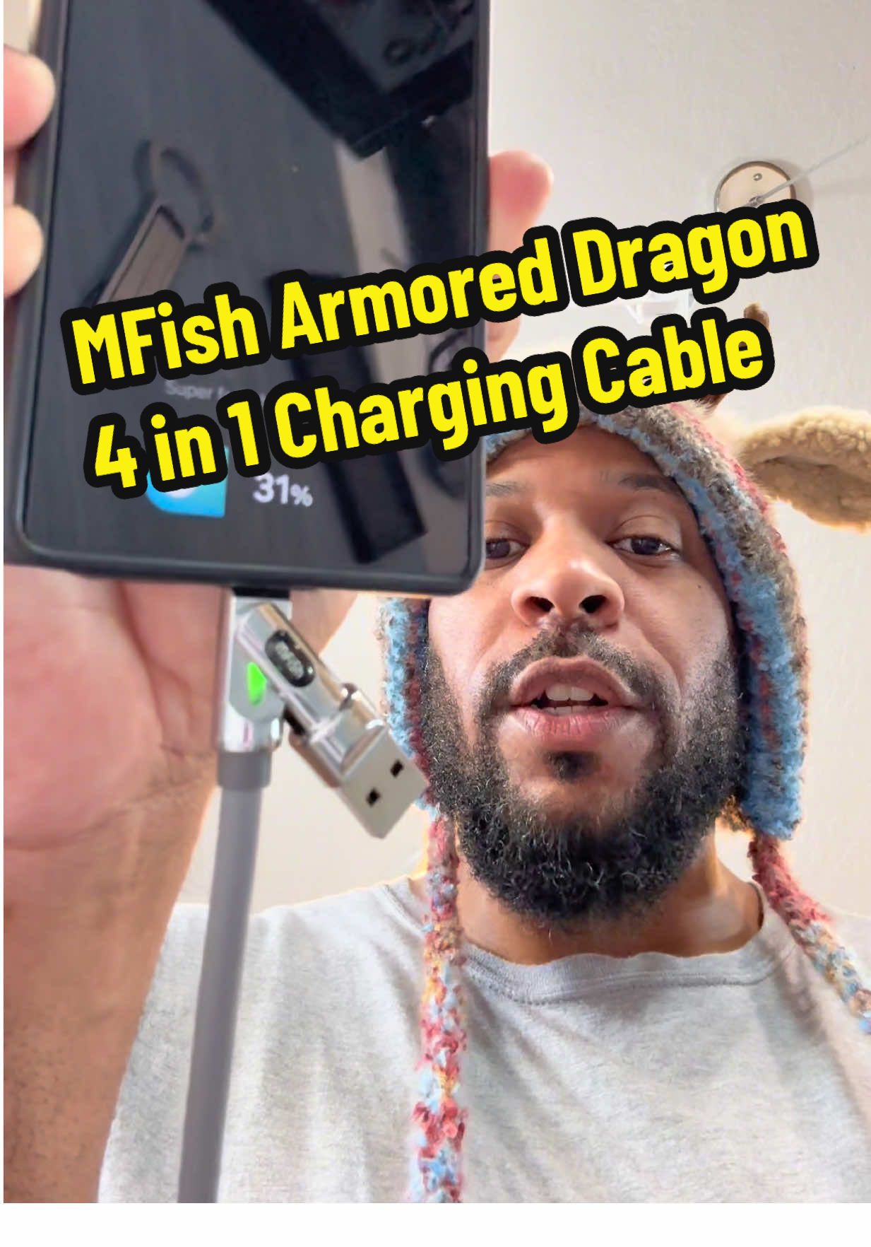 TikTok post by @blackseedoilking for MFish Tech. Caption reads: [...] dragon 4 in 1 charging cable. #mfish....