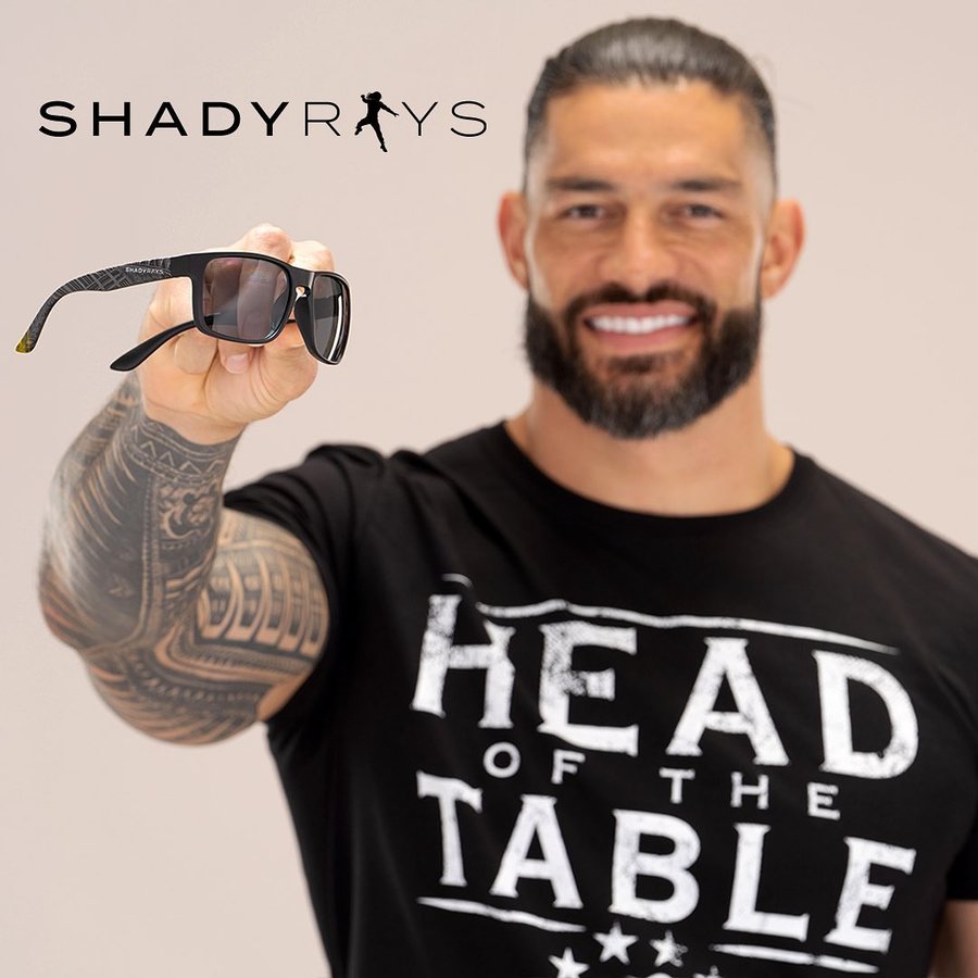 Instagram post by @romanreigns for Shady Rays. Caption reads: These custom @shadyrays were created for THE head....