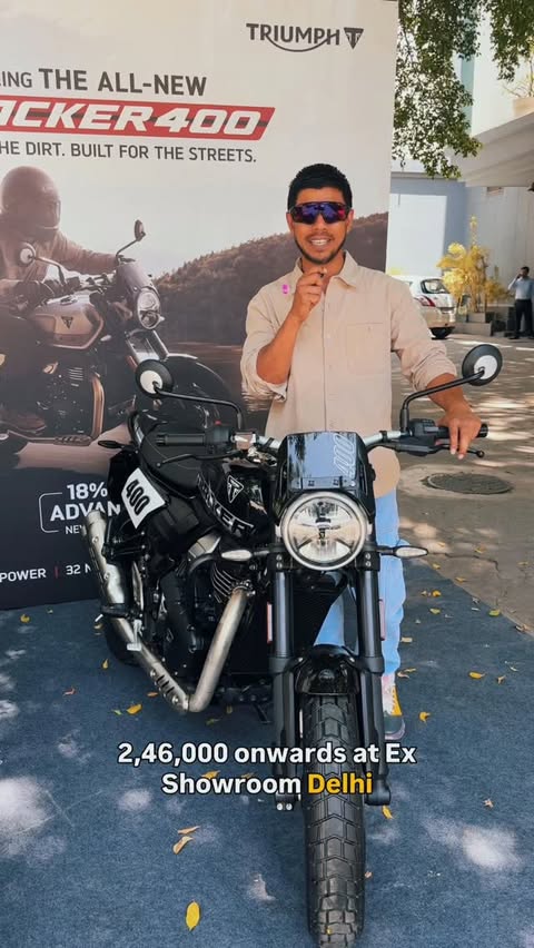 Instagram post by @zoheb_zuzu for Triumph Motorcycles. Caption reads: TRACKER 400 FLAT TRACK STYLE FOR THE ROAD Designed....