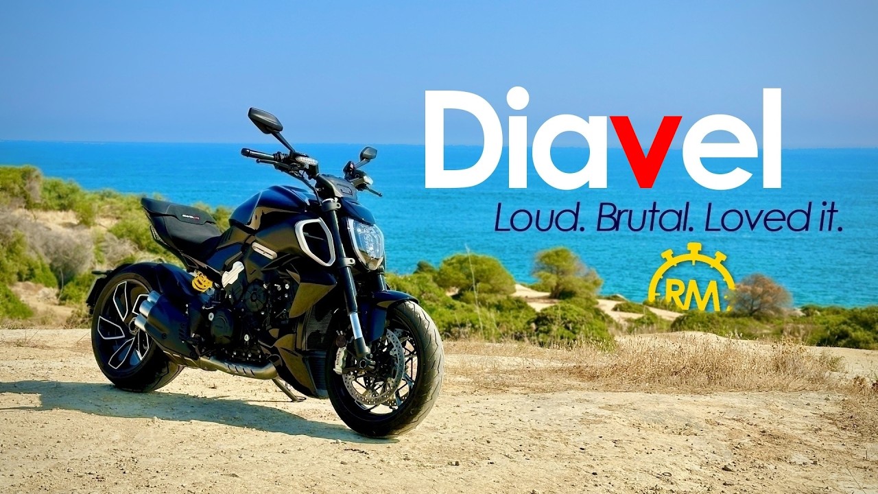 YouTube post by @RocketManMoto for LITELOK. Caption reads: 2026 Ducati Diavel V4 Review – Loud, Brutal, Loved....