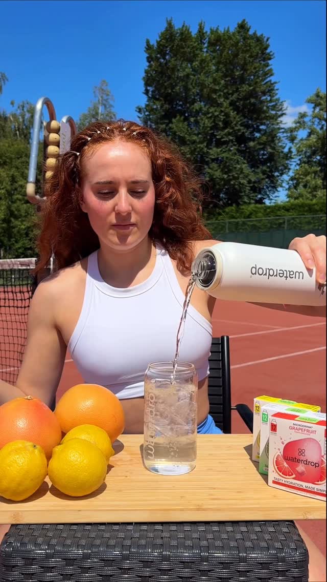 Instagram post by @mies.alis for Waterdrop. Caption reads: Refreshing ASMR break on the court 🎾 up to 50%....