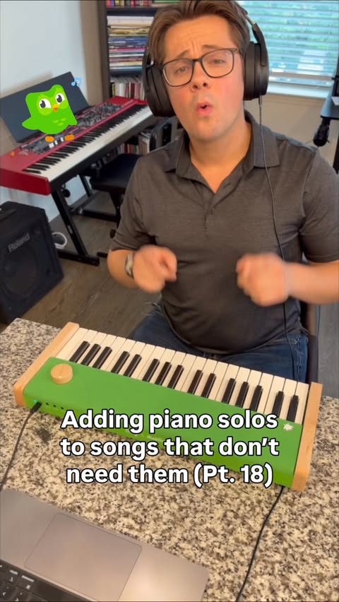 Instagram post by @johnpaciga for Duolingo. Caption reads: Loving my new #loog x #duolingo piano! #gifted....