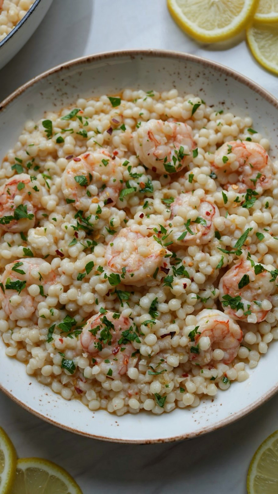 Instagram post by @thepastatable for Success Rice. Caption reads: ✨Shrimp Scampi Couscous with @successrice....