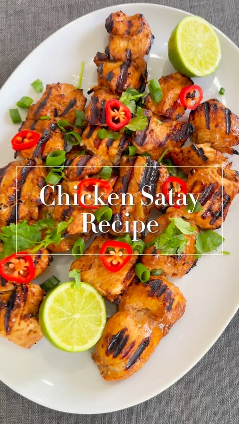 Instagram post by @marks_kitchen_and_bbq for MuscleFood.com. Caption reads: Easy to make at home chicken satay with peanut....