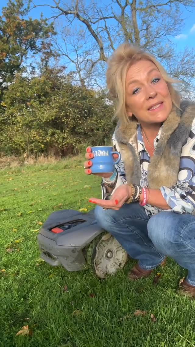 Instagram post by @sarah.beeny for Husqvarna. Caption reads: 🌿✨ “Time is precious – and I’d rather spend mine....