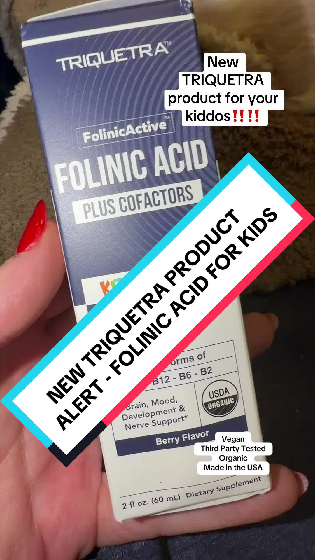 TikTok post by @robinsfavorites for Triquetra Health. Caption reads: NEW PRODUCT ALERT‼️‼️‼️‼️ the FOLINIC ACID....