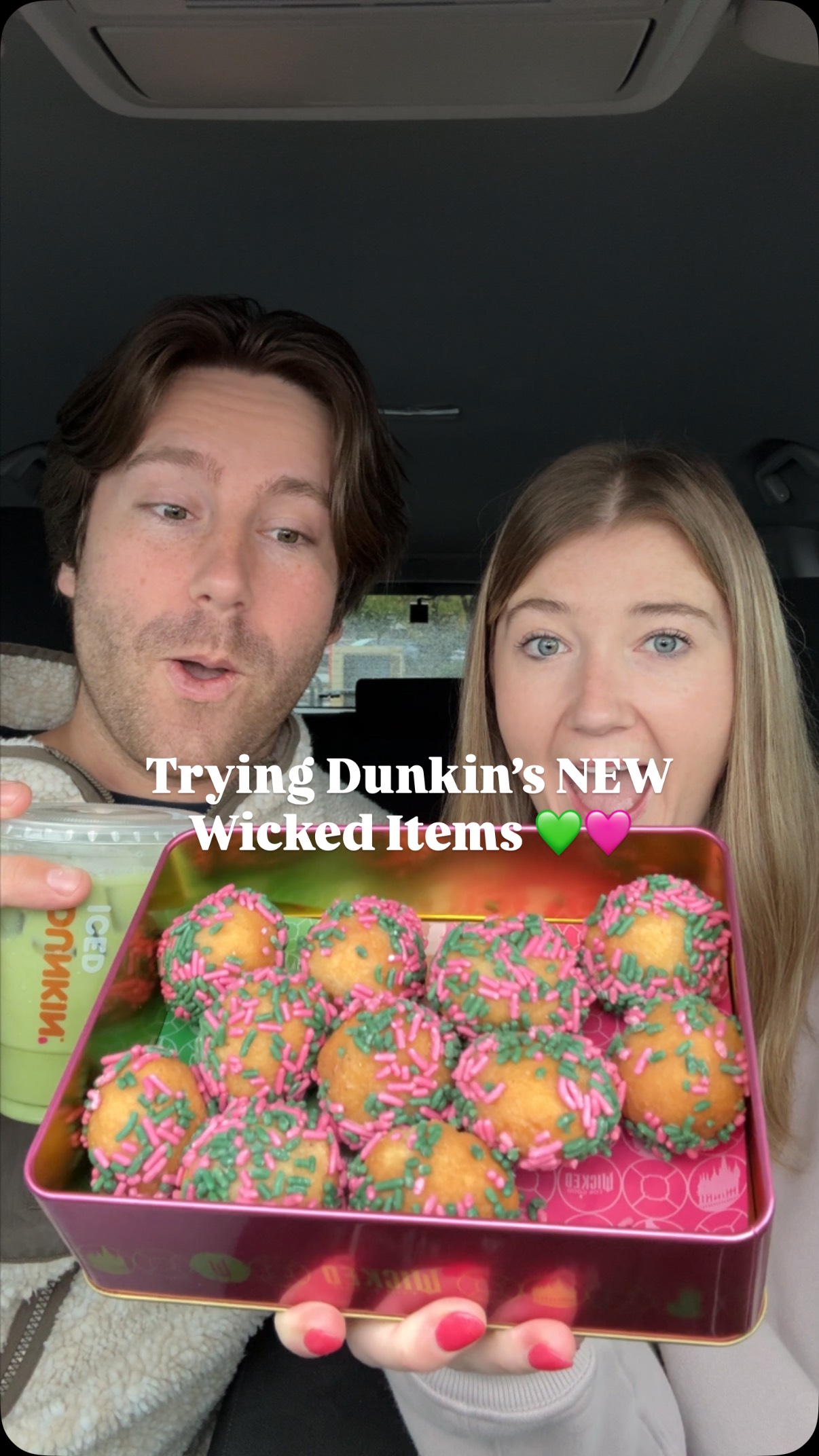 Instagram post by an influencer for Dunkin’. Caption reads: [...] the NEW Wicked Items from Dunkin!! 🫧💚🩷....