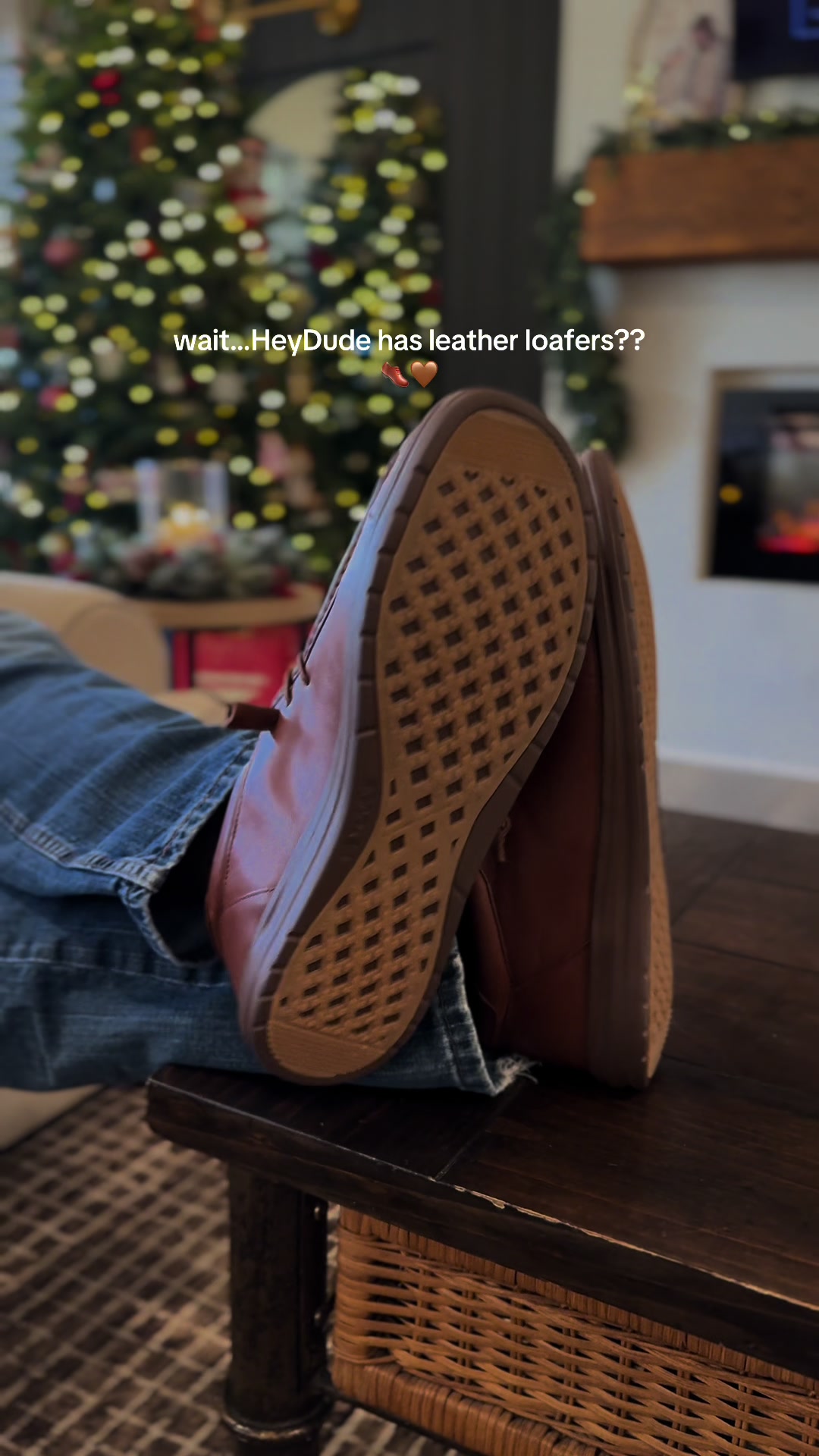 TikTok post by @heatheratl for HEYDUDE shoes. Caption reads: the way my husband LOVES these leather loafers....