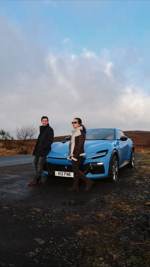 Instagram post by @keikeiandlewis for Ferrari. Caption reads: [...] Scotland’s ever-changing skies, the Ferrari....