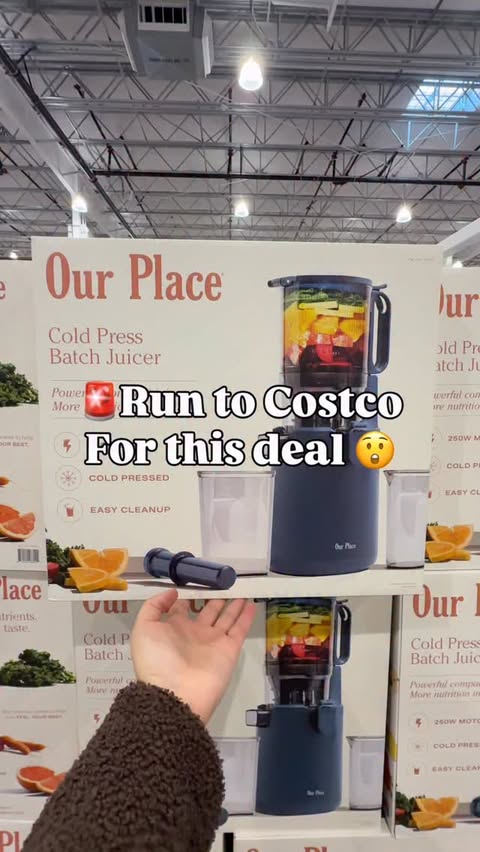 Instagram post by @costconewdeals for from Our Place. Caption reads: The Our Place Cold Press Batch Juicer is available....