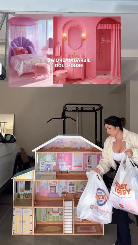 Instagram post by @ashleytel for Barbie. Caption reads: DIY BARBIE DOLLHOUSE PART 1 💓🎀👛 Idk how I’m....