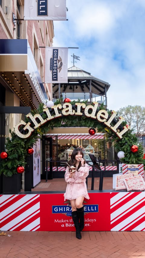 Instagram post by @journeywithlina for Ghirardelli. Caption reads: [...] holidays in San Francisco starts at....
