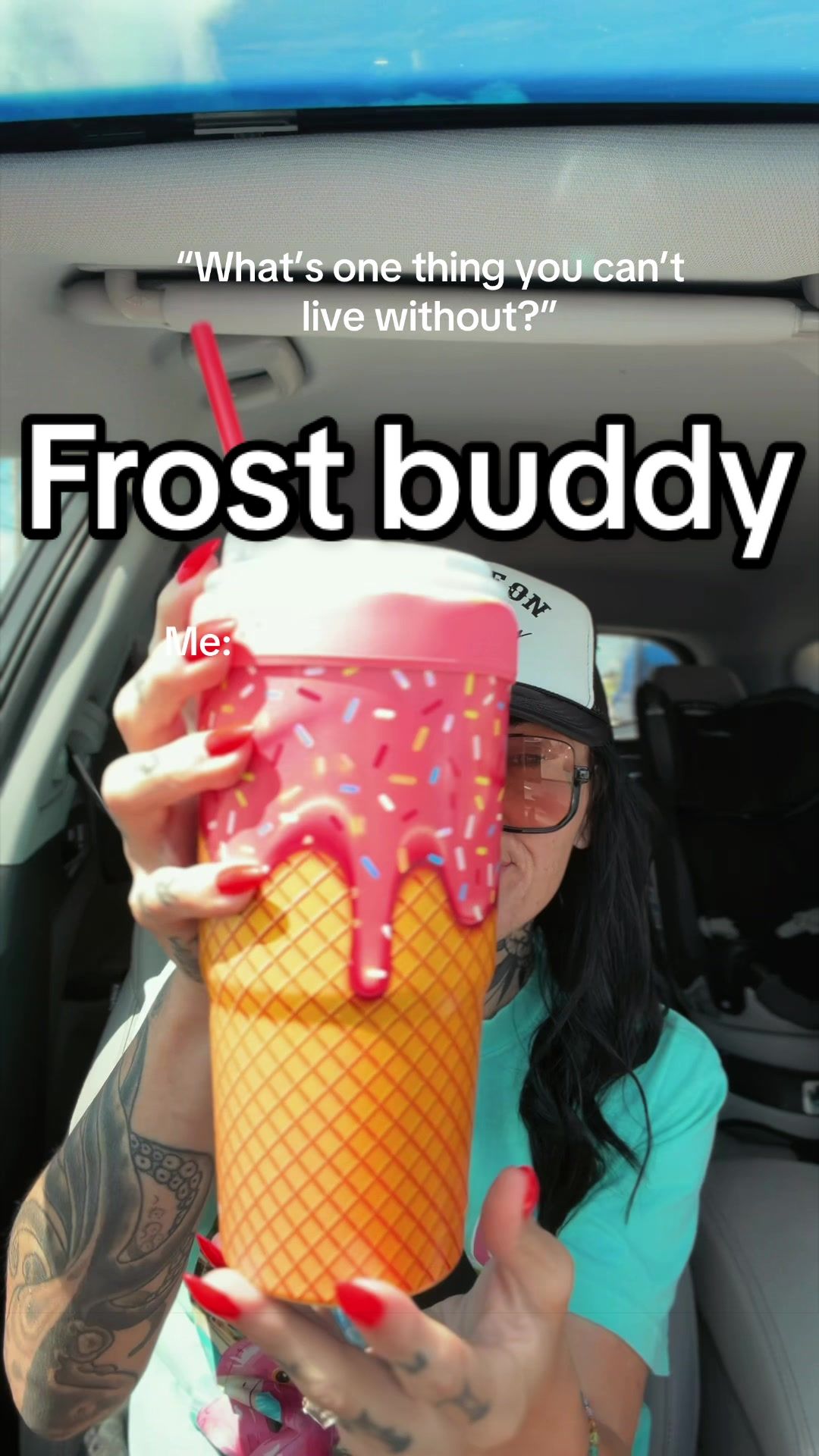 TikTok post by @urfavtattedmamma for Frost Buddy. Caption reads: My @Frost Buddy & energy drinks🤝.