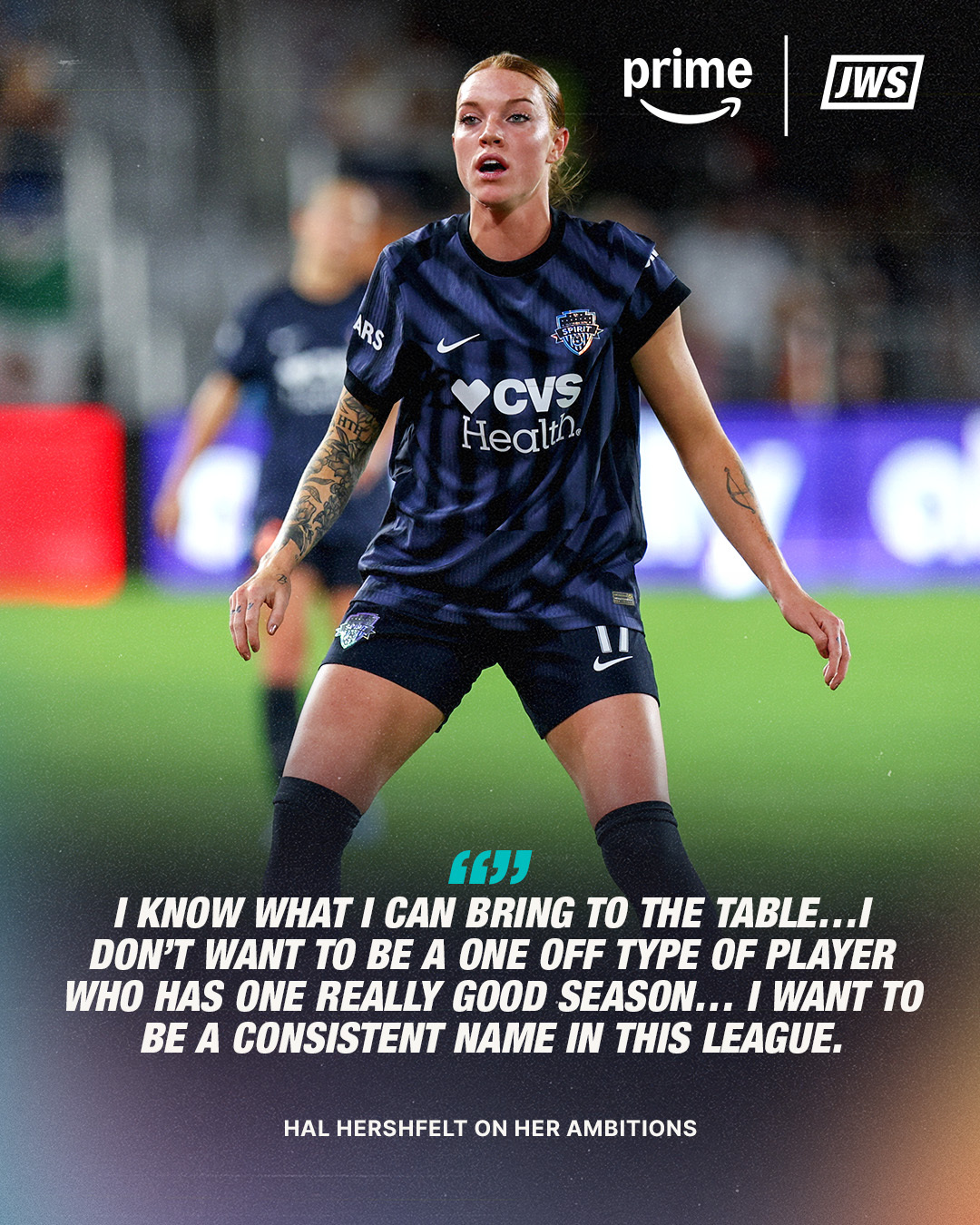 Instagram post by @washingtonspirit for Amazon Prime. Caption reads: Hal Hershfelt has the bar set high for her career.....