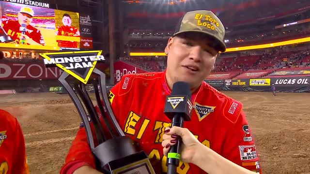 Instagram post by @armando_castro for Monster Jam. Caption reads: Big win, big emotions 🙌 @Armando_Castro....