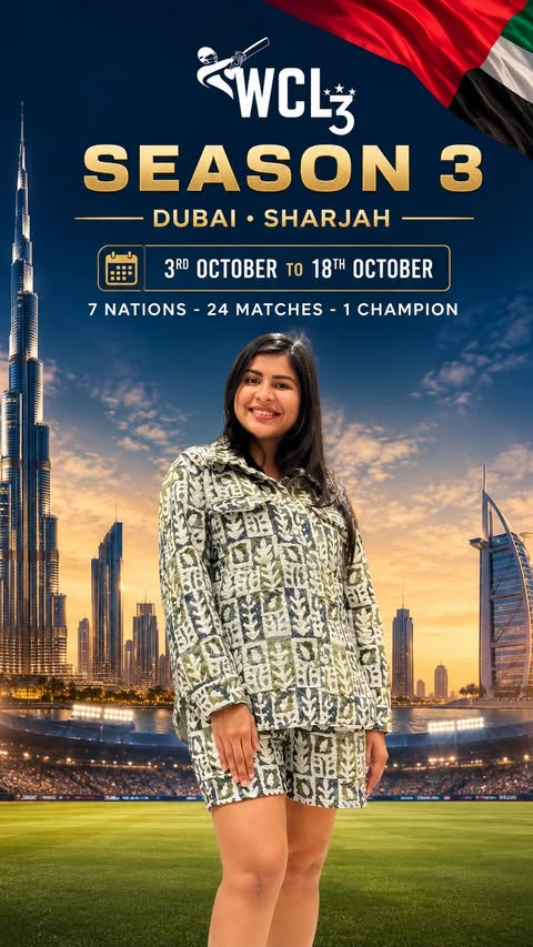 Instagram post by @dxb_heer for Zomato. Caption reads: Cricket legends are coming to UAE! 🏏 WCL Season 3....