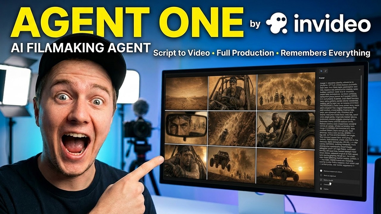 YouTube post by @eigi_and_ai for Invideo Creators. Caption reads: invideo Agent One – AI Filmmaking Agent with....