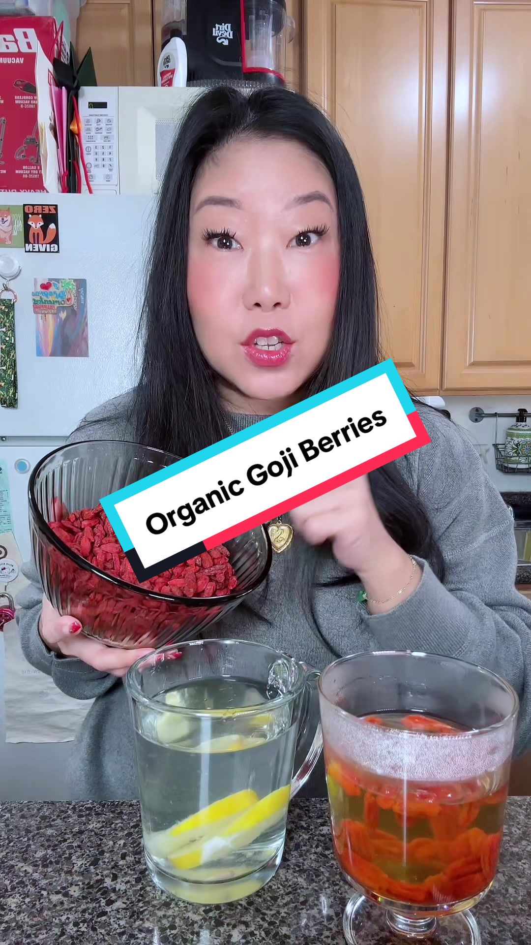 TikTok post by @girlwithadoge for Micro Ingredients. Caption reads: For all my new Chinese besties, you need goji....