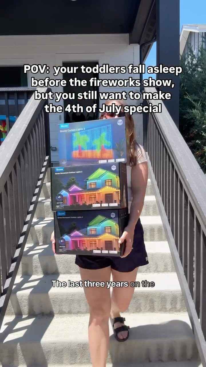Instagram post by @twinsandatoddlertravel for Govee. Caption reads: ad | Who wants to come over for fireworks this....